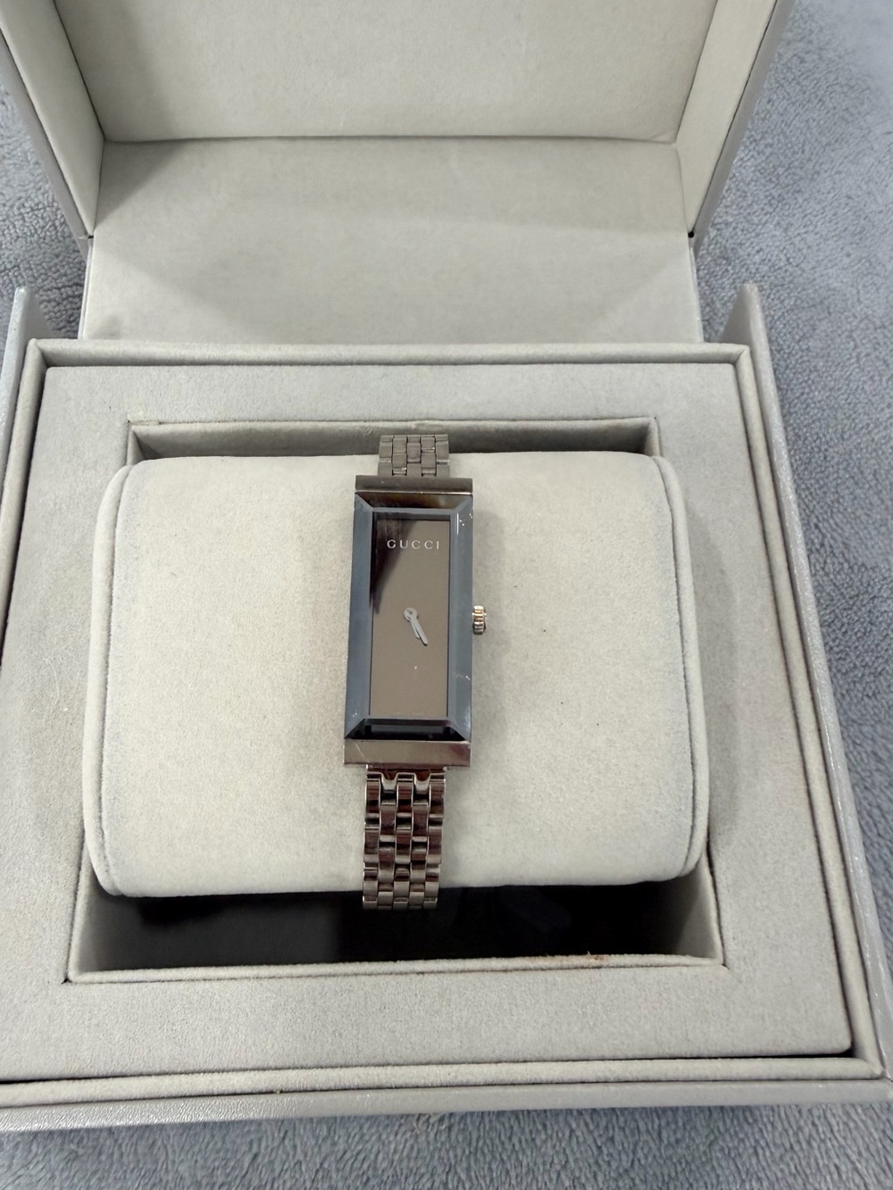 Gucci Silver Slim Rectangular Bracelet Watch Brown Face